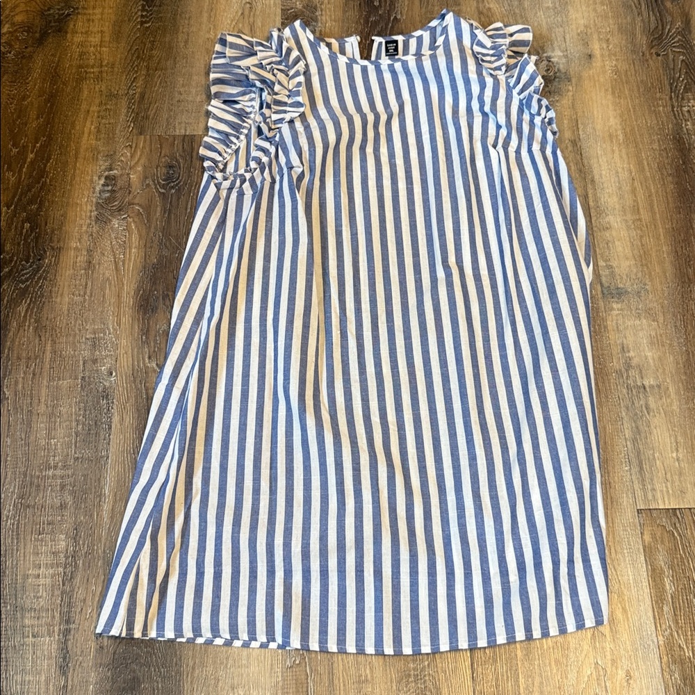Blue and White Striped Ruffle Sleeve Dress